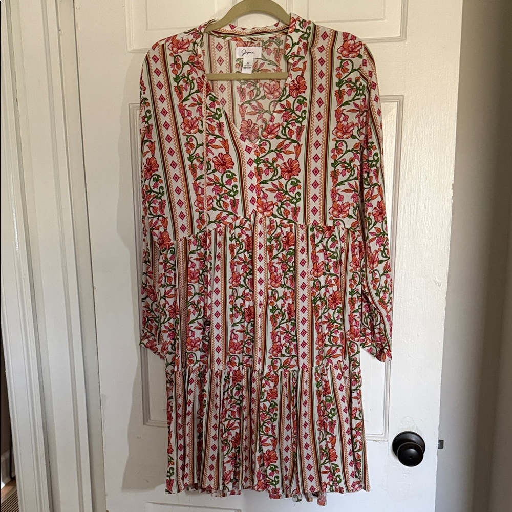 Japna Cream Floral Tiered Long Sleeve Dress with Pink and Green Accents